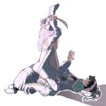  1boy 1girl =_= arms_up black_hair boqta chinstrap closed_eyes commentary fur-trimmed_headwear fur_trim hat hat_feather highres holding holding_knife husband_and_wife knife long_sleeves mongolian_clothes ogedei_(tenmaku_no_jaadugar) open_clothes profile robe short_hair simple_background smile tenmaku_no_jaadugar toregene_(tenmaku_no_jaadugar) ubu_ww untranslatable_commentary veil white_background wide_sleeves 