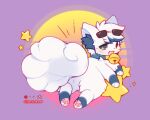  :3 animal_focus bell blue_fur blue_hair blush collar commentary eyewear_on_head fluffy full_body happy heterochromia highres jingle_bell lying mew_mew_chikorita_moon multicolored_hair neck_bell no_humans open_mouth original pawpads pokemon purple_background red_eyes smile solo star_(symbol) sunglasses tail white_fur white_hair 