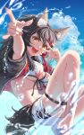  1girl :d absurdres animal_ears bikini bikini_bottom_under_shorts bikini_under_clothes black_hair black_jacket blue_sky breasts cleavage commentary_request day front-tie_bikini_top front-tie_top gotointhepark hair_ornament hairclip highres hololive hood hooded_jacket jacket large_breasts leaf_print long_hair looking_at_viewer multicolored_hair navel official_alternate_costume official_alternate_hairstyle ookami_mio ookami_mio_(hololive_summer_2019) open_mouth outdoors print_bikini red_streaks short_shorts shorts side-tie_bikini_bottom side_slit side_slit_shorts sidelocks single_hair_streak sky smile solo stomach streaked_hair swimsuit tail thigh_strap very_long_hair virtual_youtuber white_bikini white_shorts wolf_ears wolf_girl wolf_tail yellow_eyes 