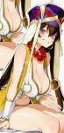  1girl absurdres bead_necklace beads bikini breasts bridal_gauntlets brown_hair cleavage commentary earrings fate/grand_order fate_(series) hair_between_eyes hat headpiece highres hoop_earrings jewelry kamisato_sora large_breasts long_hair looking_at_viewer navel necklace prayer_beads purple_eyes sagging_breasts simple_background sitting smile solo swimsuit white_background xuangzang_sanzang_(fate) 