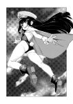  1girl absurdres ass boots breasts cloak commentary_request full_body greyscale hat highres leotard lolibaba long_hair maorisu_henkyo_haku monochrome nebulashika_neutronstar_(maorisu_henkyo_haku) open_mouth original peaked_cap sharp_teeth small_breasts smile solo space star_(sky) teeth textless_version 