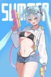  1girl absurdres aqua_eyes aqua_hair banchance_p bikini black_bikini blue_background blue_eyes blue_hair blush breasts commentary_request cropped_hoodie diving_mask diving_mask_on_head english_text goggles goggles_on_head hair_between_eyes hatsune_miku highres holding holding_water_gun hood hoodie korean_commentary long_hair looking_at_viewer navel open_clothes open_fly open_mouth open_shorts shiny_skin shorts small_breasts smile solo sweat sweatdrop swimsuit twintails very_long_hair vocaloid water_gun white_hoodie 