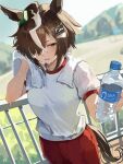  1girl absurdres animal_ears blurry blurry_background bottle brown_hair ear_ornament highres horse_ears horse_girl horse_tail incoming_drink multicolored_hair open_mouth red_shorts rulership_(umamusume) shirt short_hair short_sleeves shorts solo streaked_hair sweat tail towel towel_around_neck tracen_training_uniform umamusume water_bottle white_hair white_shirt yoojp 