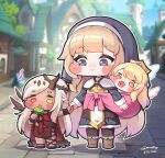  3girls absurdres aged_down baby babywearing belita_(trickcal) black_hair black_trim black_veil blonde_hair bloody0rabby blue_eyes blush blush_stickers brown_hair candy carrying carrying_baby carrying_person cassock chibi chibi_only clerical_collar closed_mouth commentary_request cross-shaped_pupils detached_wings dress erpin_(trickcal) food full_body grey_hair heterochromia highres holding holding_candy holding_food holding_hands holding_lollipop horns korean_commentary licking_food lollipop long_hair long_sleeves multicolored_hair multiple_girls ner_(trickcal) nun nun_headdress open_mouth pacifier puffy_cheeks red_eyes siblings single_horn sisters skirt smile standing swaddled symbol-shaped_pupils tiara trickcal twintails veil very_long_hair white_hair wings yellow_eyes 