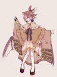  1girl alternate_costume animal_ears bird_ears bird_wings black_nails black_shoes brown_hat fingernails full_body grey_background hat highres long_fingernails long_sleeves mystia_lorelei nail_polish one-hour_drawing_challenge open_mouth pink_eyes pink_hair roamu_65 sharp_fingernails shoes short_hair simple_background smile solo touhou white_wings wide_sleeves winged_hat wings 