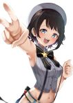  1girl :d bare_arms bare_shoulders beret black_bow black_bowtie black_hair blue_eyes blush bow bowtie commentary_request crop_top cropped_shirt grey_hat grey_shirt hat highres hololive looking_at_viewer midriff navel nyuyosuke oozora_subaru open_mouth outstretched_arm shirt short_hair simple_background sleeveless sleeveless_shirt smile solo star_(symbol) striped_clothes striped_shirt suspenders teeth upper_body v vertical-striped_clothes vertical-striped_shirt virtual_youtuber white_background 