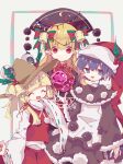  3girls black_dress blonde_hair blue_eyes blue_hair brown_hat chinese_clothes christmas closed_eyes closed_mouth commentary_request dalachi_(headdress) doremy_sweet dress english_text hat hat_bell highres junko_(touhou) layered_dress long_hair looking_at_viewer moriya_suwako multicolored_dress multiple_girls neck_ribbon nightcap pom_pom_(clothes) red_eyes red_skirt red_tabard red_vest ribbon ribbon-trimmed_sleeves ribbon_trim roamu_65 short_hair skirt sweater tabard touhou turtleneck turtleneck_sweater vest wide_sleeves 