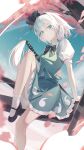  1girl absurdres black_bow black_bowtie black_hairband black_shoes blue_eyes bow bowtie breasts chinese_commentary collared_shirt commentary_request falling_petals frilled_skirt frills green_skirt green_vest grey_hair hairband highres hitodama katana knee_up konpaku_youmu konpaku_youmu_(ghost) looking_at_viewer mary_janes petals pink_petals puffy_short_sleeves puffy_sleeves sheath sheathed shirt shoes short_hair short_sleeves sitting skirt skirt_set small_breasts socks solo sword sword_on_back touhou vest weapon weapon_on_back white_shirt white_socks z-bow 