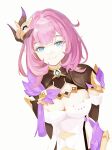  1girl absurdres arms_behind_back black_shrug blue_eyes breasts chinese_commentary cleavage commentary_request corset elf elysia_(honkai_impact) elysia_(miss_pink_elf)_(honkai_impact) hair_ornament hathor_(xhs_3537657549) highres honkai_(series) honkai_impact_3rd large_breasts long_hair looking_at_viewer pink_hair pointy_ears shrug_(clothing) simple_background smile solo very_long_hair white_background white_corset 