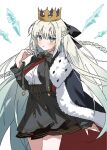  1girl black_bow black_cloak black_jacket black_skirt blue_eyes blush bow braid breasts cloak collared_shirt cropped_jacket crown fate/grand_order fate_(series) fur-trimmed_cloak fur_trim grey_hair hair_bow highres jacket large_breasts long_hair long_sleeves looking_at_viewer morgan_le_fay_(academy_outfit)_(fate) morgan_le_fay_(fate) neck_ribbon ribbon shirt sidelocks skirt solo syst098 very_long_hair white_shirt 