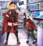 2girls absurdres admiral_hipper_(azur_lane) admiral_hipper_(retrofit)_(azur_lane) azur_lane azuristars bare_shoulders black_boots black_cape black_dress black_gloves black_hat black_pantyhose black_shoes black_thighhighs blonde_hair boots breasts cape commentary commission dress english_commentary full_body gloves glowworm_(azur_lane) glowworm_(retrofit)_(azur_lane) gm_(mobile_suit) green_eyes green_hair gundam gunpla hand_on_own_hip hand_up hat height_difference highres knee_boots long_hair military_uniform mobile_suit_gundam model_kit multiple_girls one_eye_closed pantyhose peaked_cap red_dress red_skirt rx-78-2_gundam shoes sideboob skirt small_breasts sparkling_eyes thigh_strap thighhighs two_side_up very_long_hair zettai_ryouiki 