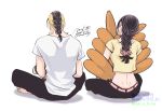  1boy 1girl adoptive_siblings alternate_hairstyle belt black_hair black_pants blonde_hair boruto:_two_blue_vortex boruto_(series) braid braided_ponytail brother_and_sister character_doll commentary_request crop_top cropped_shirt dimples_of_venus doll from_behind hair_ornament hair_scrunchie holding holding_doll holding_stuffed_toy indian_style kawaki_(boruto) kurama_(naruto) long_hair makio1313 naruto_(series) pants pink_belt scrunchie shirt siblings signature single_braid sitting stuffed_toy t-shirt uzumaki_himawari uzumaki_naruto watermark white_shirt 
