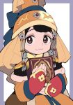  1girl :3 black_eyes black_hair book boqta closed_mouth commentary_request floral_print_sleeve_cuffs fur-trimmed_robe fur_trim hands_up hat highres holding holding_book ikuchi_osutega jewelry long_sleeves looking_at_viewer mongolian_clothes orange_robe robe short_hair sleeves_past_wrists smile solo sorghaghtani_(tenmaku_no_jaadugar) tenmaku_no_jaadugar white_background 