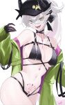  1girl absurdres bare_shoulders baseball_cap bikini black_bikini black_hands black_hat body_markings breasts choker cleavage colored_extremities commentary crossed_bangs demon_girl demon_horns fate/grand_order fate_(series) green_eyes green_jacket grey_hair hair_between_eyes hat highres horns jacket kurozawa_yui large_breasts lilith_(fate) lilith_(swimsuit_rider)_(first_ascension)_(fate) long_hair long_sleeves looking_at_viewer multicolored_jacket navel off_shoulder open_mouth pink_jacket pointy_ears ponytail smile solo stomach_tattoo swimsuit tattoo two-tone_jacket untranslatable_commentary very_long_hair zipper 