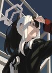  1girl absurdres black_hair black_hoodie black_horns blue_archive chinese_commentary closed_mouth commentary_request demon_horns earclip from_below gun h&amp;k_p30 halo handgun highres hood hood_down hoodie horns kayoko_(blue_archive) long_hair long_sleeves looking_afar multicolored_hair ponytail red_eyes rui_(rei_leyi) shading_eyes sidelocks solo streaked_hair weapon white_hair 
