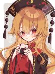  1girl belt black_belt black_dress black_hat blush border bow bowtie chinese_clothes closed_mouth commentary_request crescent crescent_print dalachi_(headdress) dress eating fingernails food grey_background hair_between_eyes hat highres holding holding_food junko_(touhou) long_fingernails long_hair long_sleeves looking_to_the_side mandarin_collar nail_polish onigiri orange_hair outside_border pom_pom_(clothes) purple_nails red_eyes red_tabard roamu_65 simple_background smile solo tabard touhou upper_body wavy_hair white_border wide_sleeves yellow_bow yellow_bowtie 