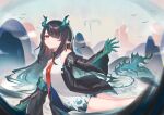  1girl aqua_hair arknights bare_shoulders black_hair black_jacket chinese_commentary cleavage_cutout clothing_cutout collared_dress colored_extremities colored_inner_hair commentary_request contrast_collar dragon_girl dragon_horns dragon_tail dress dusk_(arknights) earrings hair_over_one_eye hand_up horns jacket jewelry long_hair looking_at_viewer multicolored_hair necktie off_shoulder one_eye_covered parted_lips pointy_ears red_eyes red_necktie simple_bird sleeveless sleeveless_dress solo tail white_dress xuan_(user_maag2432) 
