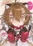  1girl :< absurdres ahoge animal_ear_fluff animal_ears arknights black_gloves braid brown_hair bug character_name chinese_commentary clenched_hands commentary_request dragonfly freckles gloves grey_eyes hair_between_eyes hair_ornament hairclip hands_up highres long_hair looking_at_viewer multicolored_gloves multicolored_hair munan_you_shuangmu raccoon raccoon_ears raccoon_girl solo spoken_animal tearing_up thick_eyebrows timeslot_(arknights) twin_braids two-tone_gloves upper_body x_hair_ornament 