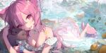  1girl animal_ears animal_hug bare_shoulders barefoot blue_butterfly blue_flower bracelet breasts bug butterfly capybara choker cleavage double-parted_bangs dress fang flower flower_bracelet flower_choker food fox_ears fox_girl fox_tail frilled_dress frills fruit hair_between_eyes hair_flower hair_ornament highres inksie_(vtuber) jewelry long_hair looking_at_viewer lying medium_breasts monoco55 off-shoulder_dress off_shoulder on_stomach onsen open_mouth orange_(fruit) orange_flower original pendant pink_eyes pink_flower pink_hair rock sidelocks solo tail water waterfall white_choker white_dress 