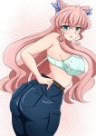  1girl absurdres armpit_crease ass bare_arms bare_shoulders blue_eyes blue_pants bra breasts butterfly_hair_ornament commentary_request crossed_bangs curvy denim dithered_background double-parted_bangs floating_hair floral_print_bra from_side goounagi green_bra hair_between_eyes hair_ears hair_ornament hand_on_own_thigh highres huge_ass jeans large_breasts long_hair looking_at_viewer maria_cadenzavna_eve midriff open_mouth pants pink_background pink_hair senki_zesshou_symphogear sidelocks simple_background solo turning_head underwear upper_body very_long_hair wavy_hair wispy_bangs 