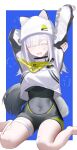  1girl absurdres animal_hat arknights arknights:_endfield arms_up bandaid bandaid_on_face black_bodysuit blue_border bodysuit border breasts cat_hat cat_tail chinese_commentary closed_eyes colored_eyelashes commentary_request covered_navel cropped_jacket drooling estella_(arknights) gauze gauze_on_leg hair_over_one_eye hat hat_with_ears highres huashengjiang_gan_lao_mian jacket large_breasts mouth_drool open_mouth outside_border simple_background sitting solo stretching tail wariza white_border white_jacket 
