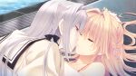  1boy 1girl black_bow blonde_hair bow braid closed_eyes crossdressing crossdressing_(mtf) est_gealach_arnotts flower from_above game_asset grey_hair hair_bow hair_flower hair_intakes hair_ornament half-closed_eyes hand_on_another's_head hetero juliet_sleeves kiss long_sleeves lying lying_on_person non-web_source official_art on_back poolside profile puffy_sleeves red_eyes sailor_collar sakurakouji_saika school_uniform self-datamine shirt suzuhira_hiro sweatdrop trap tsuki_ni_yorisou_otome_no_sahou_2 twin_braids water white_sailor_collar white_shirt 