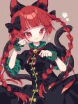  1girl :3 animal_ear_fluff animal_ears bell black_bow black_dress blunt_bangs bow braid brown_background cat_ears cat_tail clenched_hands closed_mouth commentary_request cowboy_shot dress extra_ears heart highres jingle_bell kaenbyou_rin long_hair looking_at_viewer multiple_tails neck_bell nekomata paw_pose paw_print pointy_ears puffy_short_sleeves puffy_sleeves red_eyes red_hair red_ribbon ribbon roamu_65 short_sleeves side_braids simple_background solo spoken_heart standing tail touhou twin_braids two_tails wrist_cuffs 