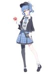  1girl absurdres apple asymmetrical_legwear bag bird_hat_ornament black_bag black_bow black_bowtie black_capelet black_hat black_pantyhose black_shoes blue_hair blue_necktie blue_skirt bow bowtie braid braided_hair_rings capelet collared_shirt commentary_request deerstalker food footwear_bow frilled_skirt frilled_socks frills fruit full_body grey_vest hair_bow hair_rings hat hat_bow highres holding holding_food holding_fruit layered_skirt long_sleeves looking_at_viewer mahou_shoujo_no_majo_saiban necktie open_mouth pantyhose plaid_clothes plaid_skirt shirt shoes short_hair simple_background single_leg_pantyhose skirt socks solo tachibana_sherry vest white_background white_bow white_shirt white_socks yellow_eyes ykrudzero 