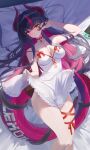  1girl absurdres bad_id bad_twitter_id bare_shoulders black_hair blush breasts clothes_lift colored_inner_hair commentary_request dragon_girl dragon_horns dragon_tail dress dress_lift fingernails hair_spread_out handheld_game_console head_on_pillow highres horns korean_commentary large_breasts lifting_own_clothes long_fingernails long_hair looking_at_viewer lying multicolored_hair neverness_to_everness on_back on_bed open_mouth pillow pink_hair purple_horns red_eyes red_shorts shinku_(labyrinth_lily)_(nte) shinku_(nte) shorts solo strap_slip streaked_hair tail tearing_up two-tone_hair very_long_hair wakum white_dress 