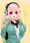  alternate_hairstyle blush breasts cardigan headphones large_breasts long_hair looking_at_viewer nitroplus open_mouth pink_eyes pink_hair polka_dot school_uniform serafuku solo super_sonico twintails yatsuashimon 