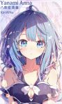  1girl :o absurdres ahoge artist_name bare_shoulders blue_dress blue_eyes blue_hair bow breasts character_name chinese_commentary cleavage_cutout clothing_cutout colorful commentary dress frilled_dress frills highres kiriaina looking_at_viewer make_heroine_ga_oo_sugiru! medium_hair multicolored_hair off-shoulder_dress off_shoulder open_mouth portrait sleeveless solo white_bow yanami_anna 