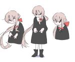  1girl absurdres black_boots black_dress boots bow double-parted_bangs dress full_body guimpe hair_bow highres light_blush low_ponytail multiple_views orenjipiiru original pantyhose ponytail red_bow smile white_background white_hair white_pantyhose 