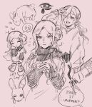  1girl chibi chibi_inset commentary crying crying_with_eyes_open dixoterin emoticon english_commentary english_text fire_extinguisher flying_sweatdrops hair_bun hair_over_one_eye hand_on_own_head holding holding_fire_extinguisher kurashiki_akane kyokugen_dasshutsu kyokugen_dasshutsu:_9_jikan_9_nin_9_no_tobira long_sleeves monochrome multiple_views one_eye_closed own_hands_together rabbit sad scarf simple_background single_side_bun sketch speech_bubble spoken_expression teardrop tearing_up tears zero_escape:_toki_no_dilemma 
