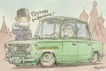  2girls black_hair black_hat black_mittens blue_coat brown_hair car closed_eyes coat commentary day fur-trimmed_coat fur_hat fur_trim green_car grin half-closed_eyes hand_up hat highres katsura_himeko lada_(car) mittens motor_vehicle multiple_girls nanao_ruri onion_dome outdoors papakha russia russian_text sekihan short_hair signature smile stance_(vehicle) translated zesshaka!_shiritsu_yotsuwa_joshi_gakuin_zetsumetsu_kigu-sha_gakka 