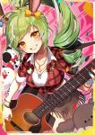  1girl akiru_kamira animal_ears breasts cleavage commentary_request game_asset green_hair guitar hair_ornament hairclip highres instrument jewelry long_hair looking_at_viewer medium_breasts necklace non-web_source official_art ponytail self-datamine shirt smile solo tied_shirt world_dai_star 