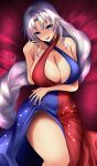  1girl absurdres adapted_costume alternate_costume blue_dress blue_eyes braid breasts cleavage commentary_request constellation_print criss-cross_halter dress full_cleavage grey_hair halterneck hepta343 highres large_breasts long_hair looking_at_viewer lying missing_headwear on_back print_dress red_dress side_slit signature single_braid sleeveless sleeveless_dress solo thick_thighs thighs touhou two-tone_dress very_long_hair yagokoro_eirin 