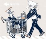  bound bound_arms bound_wrists brown_hair commentary_request confused danganronpa_(series) danganronpa_2:_goodbye_despair drooling excited gym_uniform highres hinata_hajime komaeda_nagito playing_sports pushing_cart r9rpd white_hair 