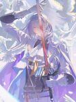  1boy absurdres arch ascot belt bird black_shirt cael_anselm cael_anselm_(godheim) cape chinese_commentary closed_mouth commentary_request cropped_jacket dove expressionless frilled_shirt_collar frills gloves hair_between_eyes hand_up highres holding holding_sword holding_weapon jacket lapels layered_sleeves light_particles long_bangs long_hair long_sleeves looking_at_viewer lovebrush_chronicles lu_hua_san_yue male_focus one_eye_covered open_clothes open_jacket print_ascot purple_cape purple_eyes shawl_lapels shirt short_over_long_sleeves short_sleeves solo spade_(shape) statue sweater_guard sword sword_in_front_of_face two-sided_cape two-sided_fabric upper_body very_long_hair weapon white_ascot white_belt white_cape white_gloves white_hair white_jacket 