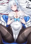  1girl animal_ear_hairband animal_ears black_pantyhose blue_archive bound bound_wrists breasts collar commentary_request fake_animal_ears hair_spread_out hairband halo headgear highres jacket katubusi_kisimen large_breasts leash leotard long_hair looking_at_viewer lying mechanical_halo noa_(blue_archive) on_back pantyhose playboy_bunny purple_eyes rabbit_ear_hairband rabbit_ears spread_legs strapless strapless_leotard very_long_hair white_hair white_halo white_jacket white_leotard white_wrist_cuffs wrist_cuffs 