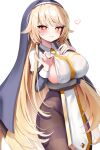  1girl absurdres black_trim black_veil blonde_hair breasts capelet cassock clerical_collar commentary_request cosplay dress erpin_(trickcal) heart highres korean_commentary large_breasts long_hair long_sleeves nataidohe ner_(trickcal) ner_(trickcal)_(cosplay) nun nun_headdress official_alternate_costume panties panties_under_pantyhose pantyhose red_eyes sideboob simple_background skirt solo thighband_pantyhose trickcal underwear veil white_capelet wings 
