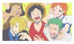  1girl 4boys :q ;q arms_up bare_shoulders black_hair black_jacket black_necktie blonde_hair blue_shirt bracelet brown_eyes brown_overalls cigarette closed_mouth collarbone collared_shirt commentary_request earrings elbow_rest green_background green_hair hair_over_one_eye hat highres jacket jewelry korean_commentary kuni_929 log_pose long_nose looking_at_viewer monkey_d._luffy multiple_boys nami_(one_piece) necktie one_eye_closed one_piece open_mouth orange_hair overalls parted_lips red_vest ribbed_shirt roronoa_zoro sanji_(one_piece) scar scar_on_cheek scar_on_face shirt short_hair short_sleeves smile sparkle straw_hat straw_hat_pirates suit_jacket sweatdrop tongue tongue_out upper_body usopp vest white_shirt 