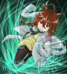  1girl agnes_tachyon_(tach-nology)_(umamusume) agnes_tachyon_(umamusume) ahoge animal_ears black_necktie black_pantyhose brown_hair chemical_structure coat cork earrings eye_trail gentiano815 glowing glowing_eyes hair_between_eyes highres horse_ears horse_girl horse_tail jewelry lab_coat light_trail long_sleeves necktie open_mouth pantyhose red_eyes running shirt shoes short_necktie single_earring sleeves_past_fingers sleeves_past_wrists solo sweater sweater_vest tail test_tube umamusume white_coat white_shoes wolf_cut yellow_sweater yellow_sweater_vest 