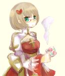  1girl arch_bishop_(ragnarok_online) blue_eyes breasts brown_hair cleavage_cutout closed_mouth clothing_cutout commentary_request cross cup dormir_(challco) dress expressionless glasses hair_ornament heart heart_hair_ornament holding holding_cup looking_at_viewer medium_breasts mug ragnarok_online red-framed_eyewear red_dress short_hair simple_background solo steam two-tone_dress upper_body white_dress yellow_background 