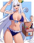  1girl absurdres airi_venturi_(whytrashearth) apple arm_up ass_visible_through_thighs baguette bikini blue_background blue_bikini blue_bow blue_eyes border borrowed_character bottle bow bread breasts collarbone commentary commission commissioner_name cowboy_shot drop_shadow english_commentary eyelashes flower food fruit hair_flower hair_ornament halterneck heart highres leaf long_hair medium_breasts navel neet_kun01 open_mouth original picnic_basket shiny_skin simple_background smile solo stomach string_bikini swimsuit teeth thighs triangle_bikini_top upper_teeth_only very_long_hair vgen_commission white_border white_hair yellow_flower 