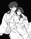  1boy 1girl absurdres braid closed_mouth commentary_request cowboy_shot greyscale highres husband_and_wife korean_commentary long_hair long_sleeves monochrome natasha_thetis ogedei_(tenmaku_no_jaadugar) robe simple_background sitting sleeves_past_wrists tenmaku_no_jaadugar toregene_(tenmaku_no_jaadugar) twin_braids v-shaped_eyebrows wide_sleeves 
