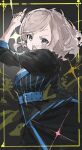  1girl awoke_(love_live!) black_background black_jacket black_skirt blue_eyes ceras_yanagida_lilienfeld commentary cowboy_shot diffraction_spikes grey_hair highres jacket long_hair looking_at_viewer love_live! love_live!_hasu_no_sora_jogakuin_school_idol_club open_mouth pinstripe_jacket pinstripe_pattern skirt solo three-quarter_sleeves v-shaped_eyebrows virtual_youtuber zen66574227 