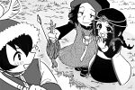  1boy 2girls animal arrow_(projectile) black_hair blush bow_(weapon) commentary_request dayir_(tenmaku_no_jaadugar) dead_animal fur-trimmed_headwear fur_trim grass holding holding_animal holding_bow_(weapon) holding_weapon hunting khulan_(tenmaku_no_jaadugar) long_sleeves monochrome multiple_girls open_clothes open_robe pons_hepatis robe smile tenmaku_no_jaadugar toregene_(tenmaku_no_jaadugar) weapon x_x 