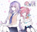  2girls absurdres aqua_hair beret black_skirt blue_necktie book book_on_lap breasts brown_sweater_vest castorice_(honkai:_star_rail) chibi chibi_inset chrysos_heirs_school_uniform closed_eyes closed_mouth collared_shirt commentary drill_hair feet_out_of_frame gradient_hair grid_background hair_ornament hair_ribbon hair_scrunchie hat highres holding holding_pencil holding_stuffed_toy honkai:_star_rail honkai_(series) hyacine_(honkai:_star_rail) leaning_on_person little_ica_(honkai:_star_rail) long_hair looking_at_another low_twintails medium_breasts multicolored_hair multiple_girls necktie official_alternate_costume open_book open_mouth pencil pink_hair pointy_ears purple_eyes purple_hair purple_hat red_hat ribbon school_uniform scrunchie shirt short_sleeves shoulder-to-shoulder sitting skirt striped_clothes striped_necktie stuffed_animal stuffed_toy sweater_vest t_tperopero twin_drills twintails very_long_hair white_background white_shirt 