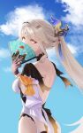  1girl absurdres black_gloves blonde_hair blue_sky breasts commentary day dress folding_fan from_behind gloves hair_intakes hair_ornament hand_fan highres holding holding_fan ino_(kzhu5545) large_breasts looking_at_viewer looking_back orange_eyes outdoors ponytail shoulder_blades sky solo suisui_(wuthering_waves) tacet_mark_(wuthering_waves) white_dress wuthering_waves 