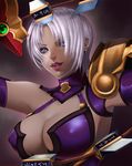  armor blue_eyes breasts carlos_morilla cleavage covered_nipples earrings eyeshadow highres isabella_valentine jewelry large_breasts lipstick makeup short_hair solo soulcalibur soulcalibur_ii upper_body weapon whip_sword white_hair 